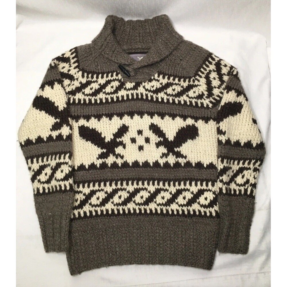 American Eagle Sweater Chowichan Style Chunky Knit Wool Cowl Shawl Collar Mens L